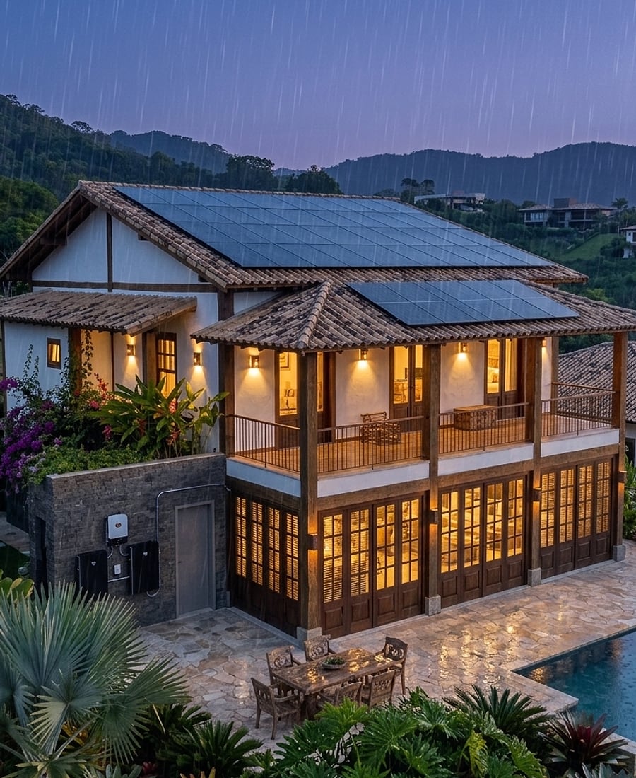 Residência iluminada durante chuva ao anoitecer, com módulos fotovoltaicos no telhado e banco de baterias com inversor na parede lateral